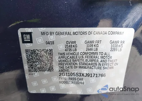 2018 Chevrolet Impala 1Lt из США, поврежденный, VIN 2G1105S3XJ9171766